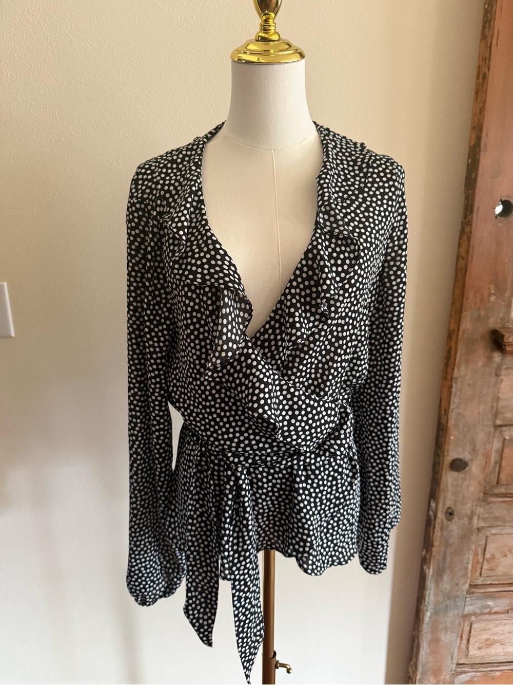 Max Studio Black and White Polka Dot Wrap Blouse